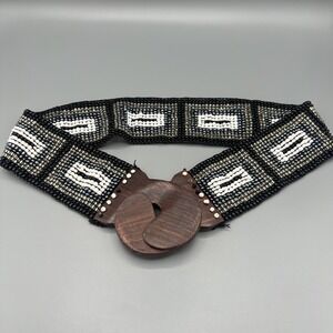 Vintage Heavy Beaded Wood Buckle Southwestern Native Aztec Western Boho Belt M